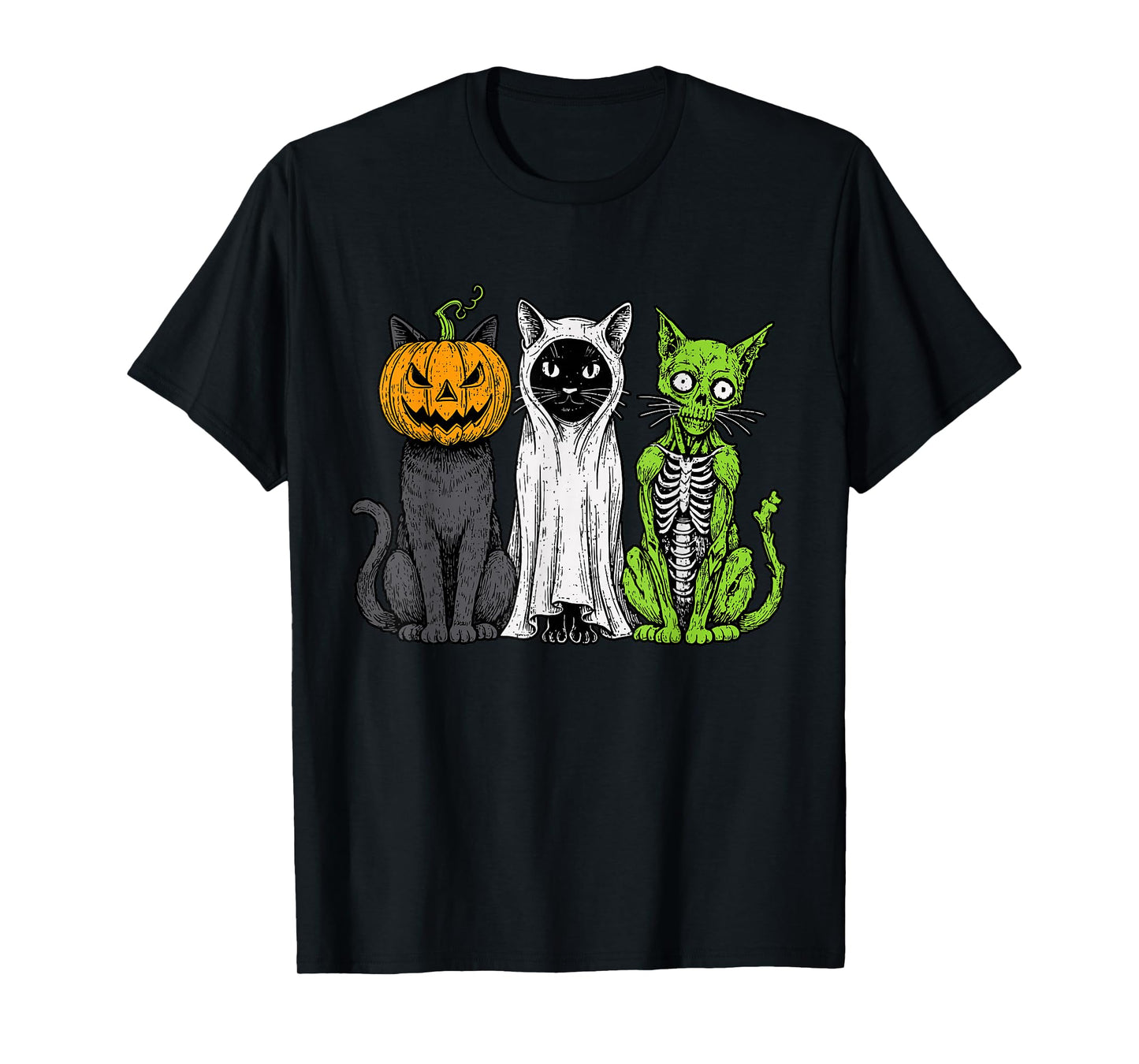 Skeleton Cat Pumpkin Ghost Halloween Kitty Meow Girl Boy Kid T-Shirt