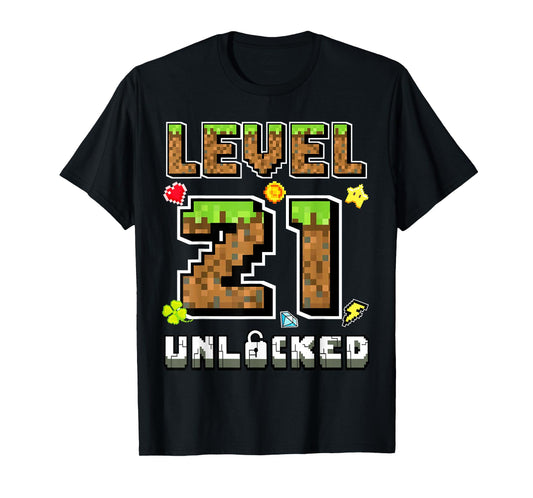 Level 21 Unlocked Birthday 21st Years Bday Gamer Pixel Men T-Shirt