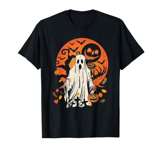 Cute Pumpkin Ghost And Autumn Leaves Halloween Graphic Tee T-Shirt