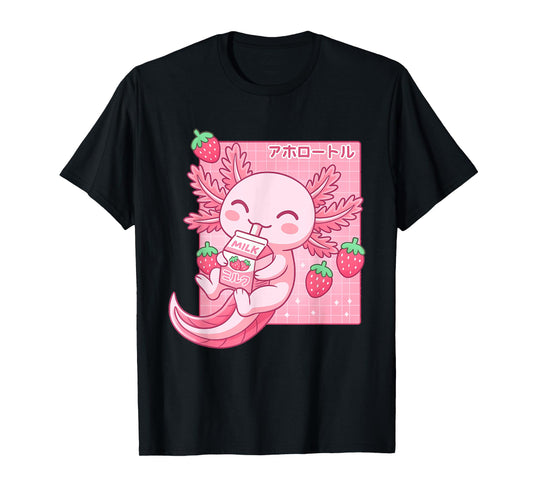 Kawaii Axolotl Strawberry Milk Japanese Anime Girls Kids T-Shirt