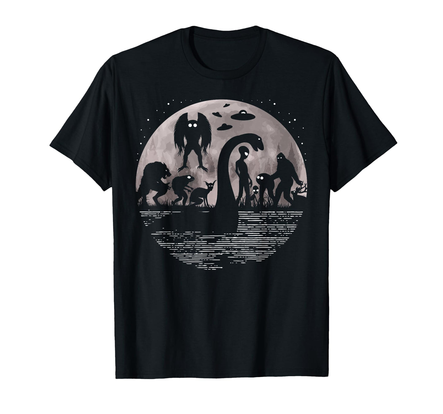 Bigfoot Loch Ness Monster Mothman and Aliens! Funny Cryptid T-Shirt Small
