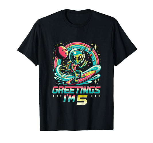 Kids 5th Birthday Alien Space Greetings I'm 5 Years Old T-Shirt