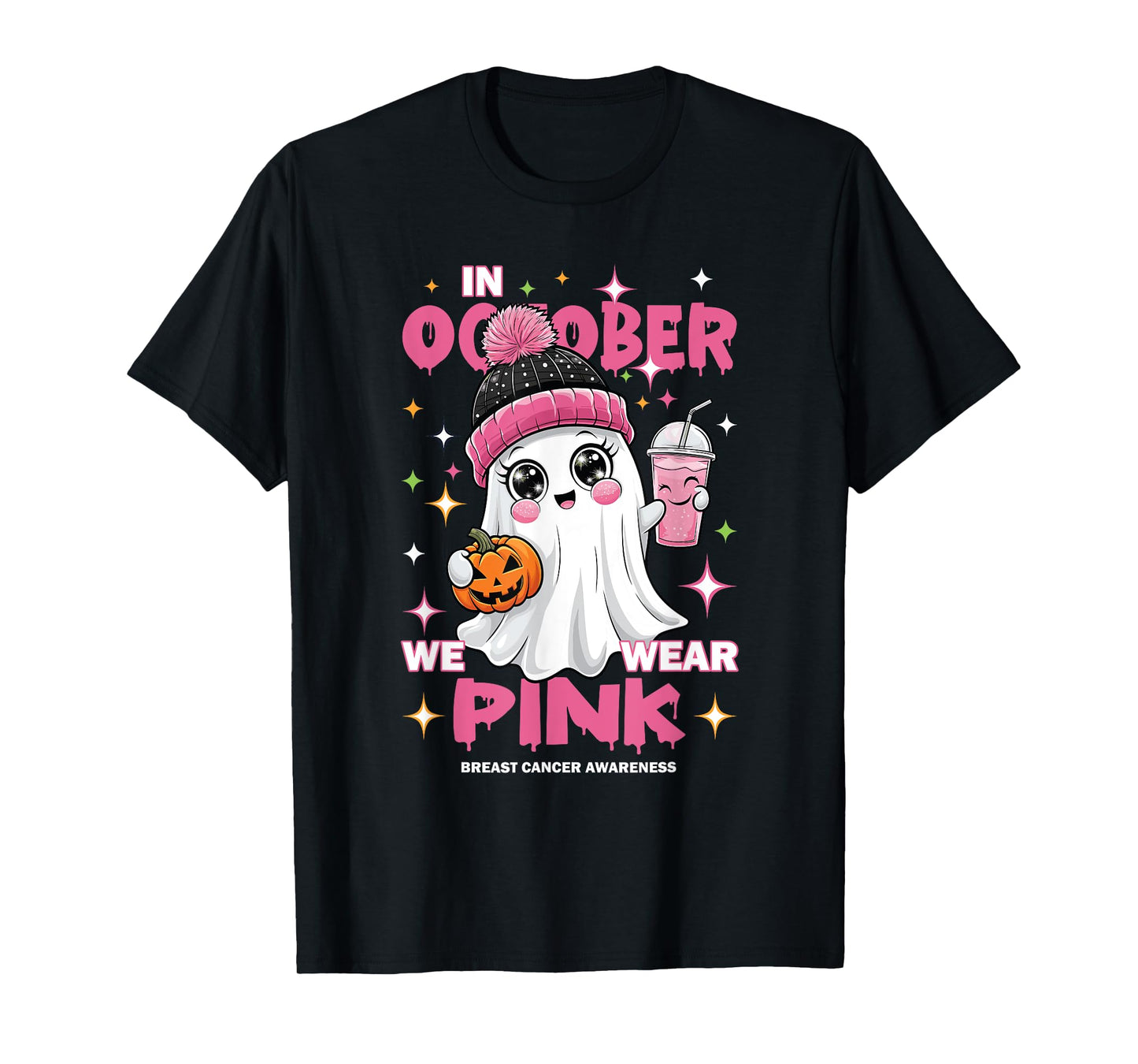 Pink October Halloween Ghost Breast Cancer Awareness T-Shirt