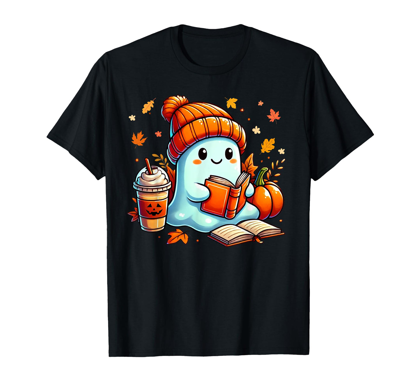 Cute Ghost Reading Book Lovers Halloween Coffee and Book T-Shirt