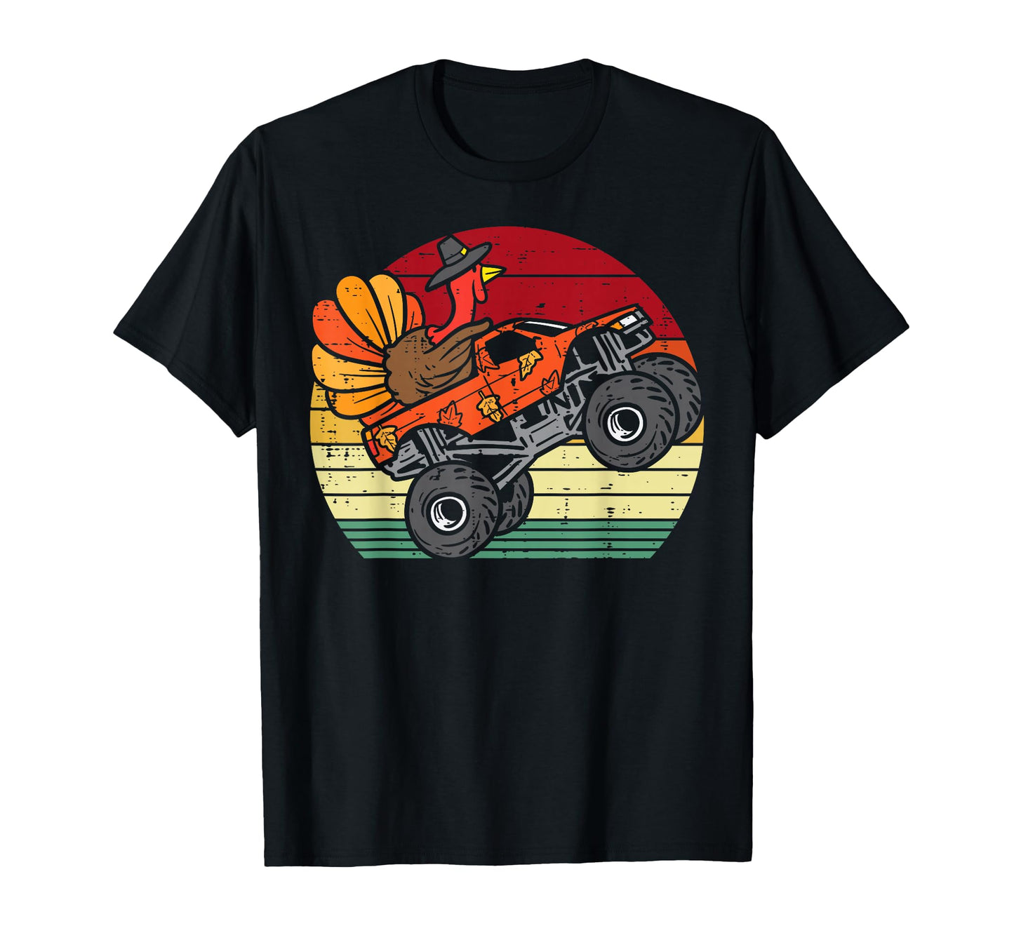 Monster Truck Turkey Sunset Retro Thanksgiving Boys Kids T-Shirt