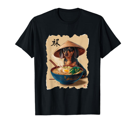 Men Woman Kawaii Eating Ramen Japanese Dachshund T-Shirt