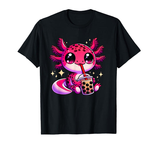 Kawaii Axolotl Enjoying Boba Tea Milk Bubble Drink Adorable T-Shirt
