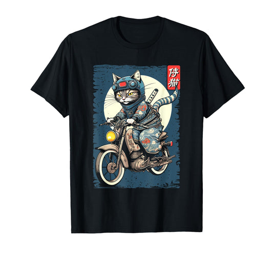 Japanese Samurai Cat on Motorcycle Kawaii Ninja Cat T-Shirt for Men Women Kids