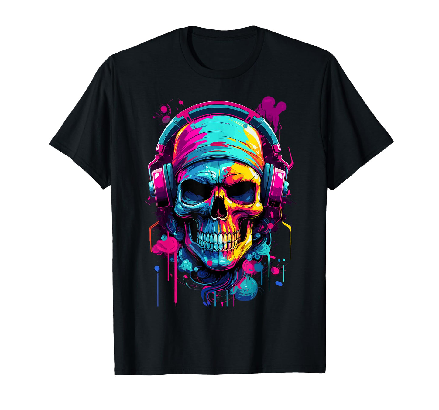 Colorful Skull With Headphones - Music Themed Horror T-Shirt