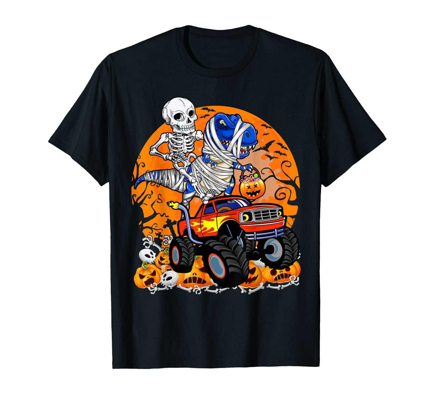 Skeleton Riding Dinosaur T-rex Mummy Monster Truck Halloween T-Shirt