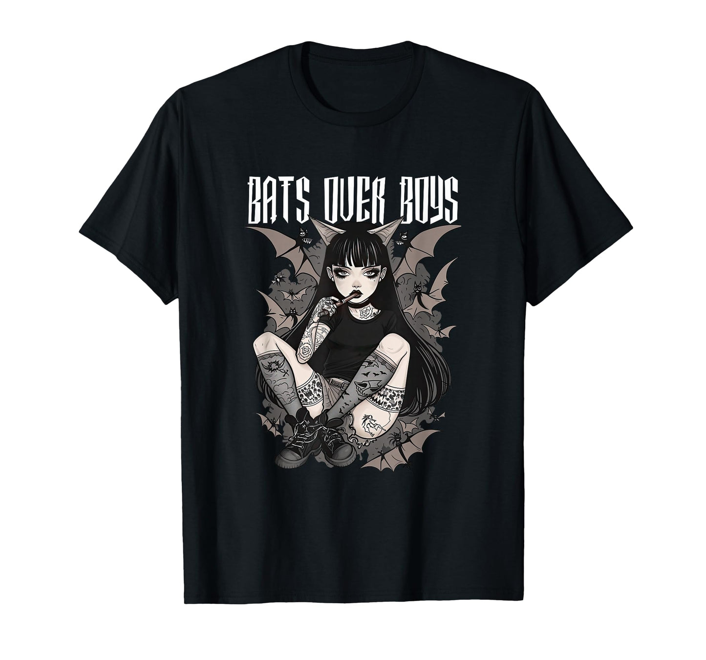 Bats Over Boys Quote Dark Aesthetic Spooky Gothic Anime Girl T-Shirt