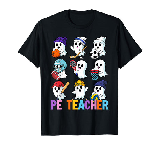 Halloween PE Teacher Ghost Playing Soccer Football Baseball T-Shirt