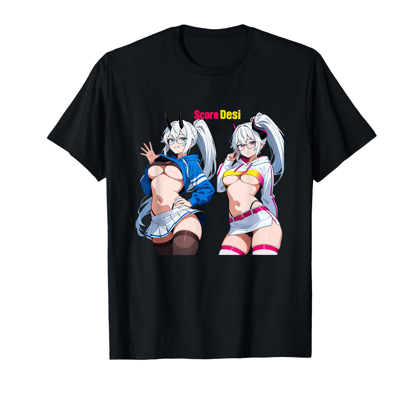 Waifu Sexy Anime Girl Horns Glasses Skirt Japanese Manga T-Shirt