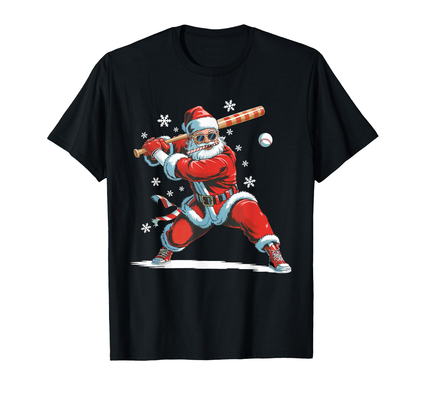 Santa Playing Baseball Christmas Candy Cane Fun Xmas Holiday T-Shirt