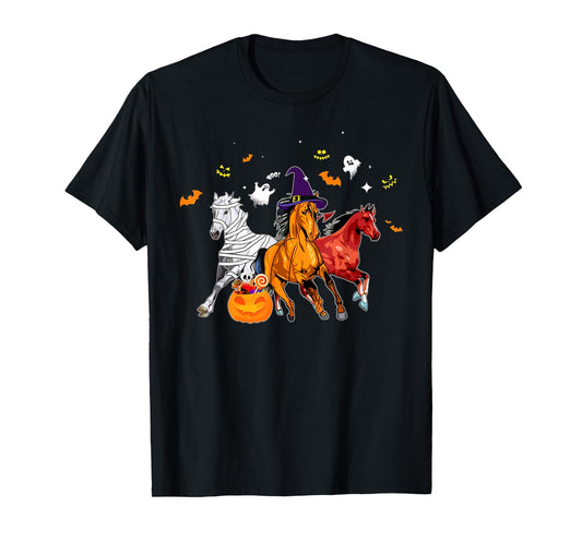 Cute Horse In Halloween Costume Horse Zombie Witch Pumpkin T-Shirt