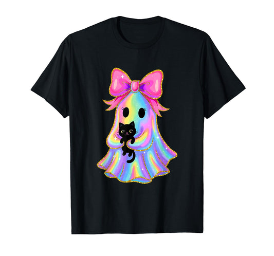 Funny Coquette Bow Halloween Ghost Holding Black Cat T-Shirt