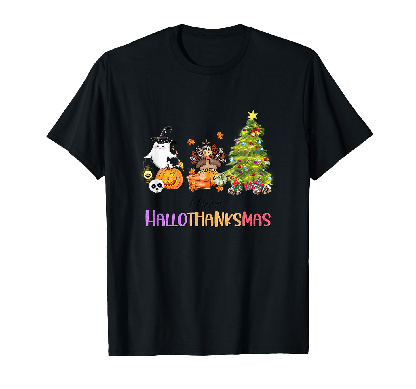 Happy Hallothanksmas Ghost Turkey Christmas Tree T-Shirt