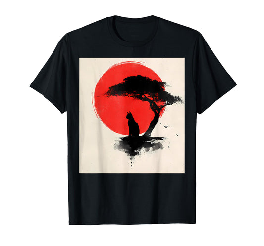 Black Cat Japanese Theme Vintage Japan Art Retro Print T-Shirt