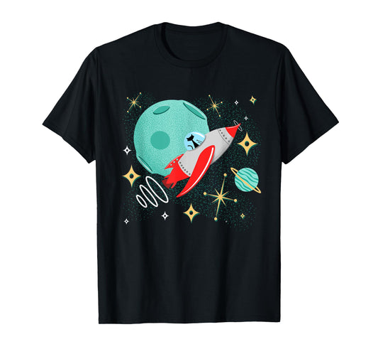 Atomic Rocket Cat Funny Mid-Century Cat Futuristic Spaceship T-Shirt