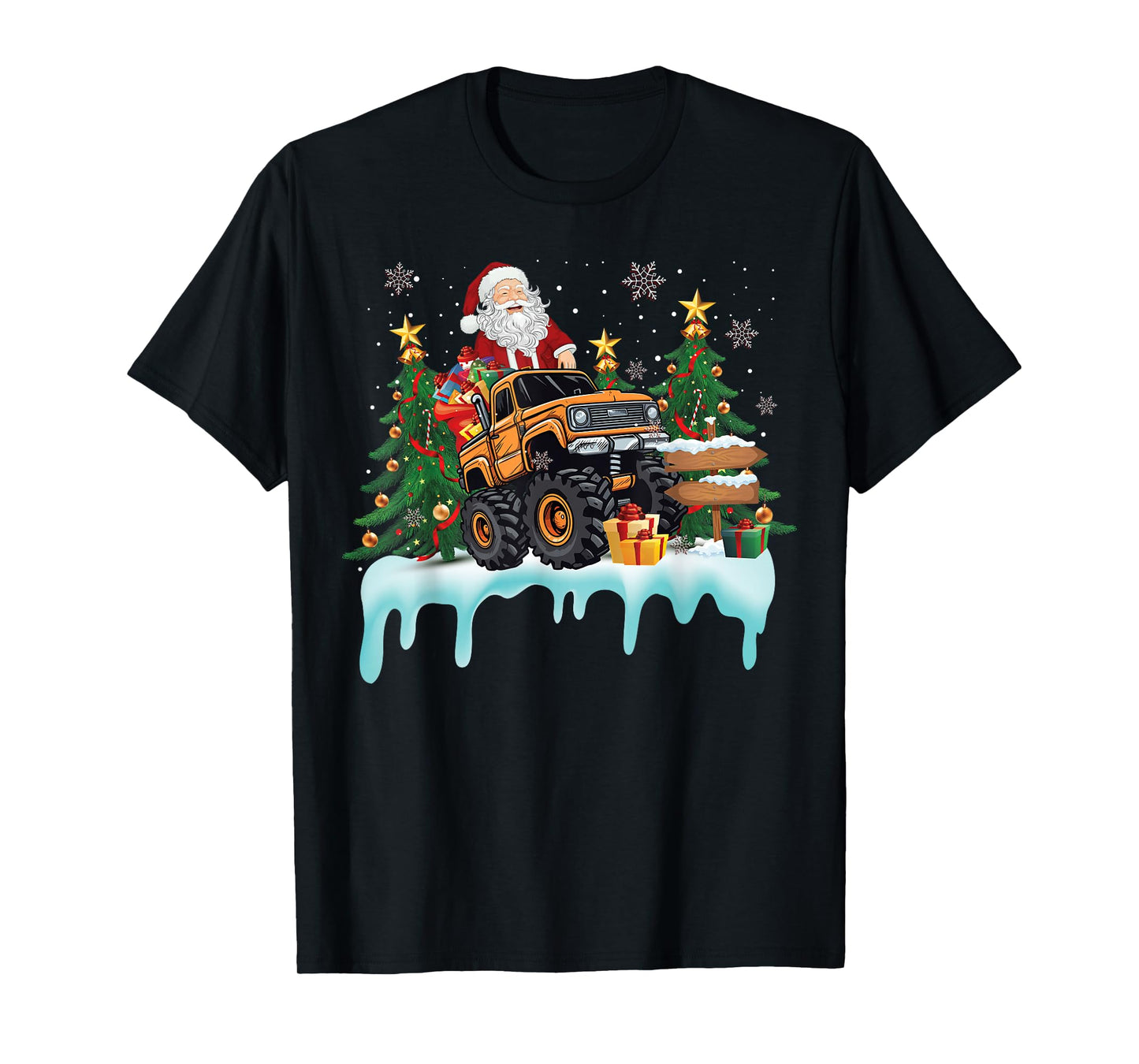 Santa Riding Monster Truck Christmas Tree Boys Girls Kids T-Shirt