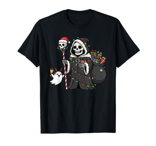 Christmas Skeleton Carrying a Ghost Grim Reaper Presents T-Shirt