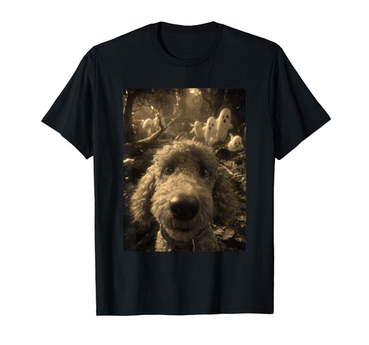 Vintage Poodle Selfie Ghosts Haunted Forest Halloween Dog T-Shirt