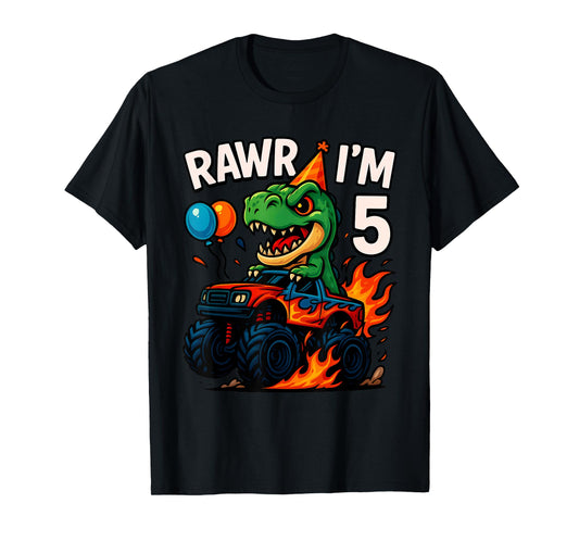 Rawr I'm 5 Fifth Birthday Party T Rex Monster Truck Boys Kid T-Shirt