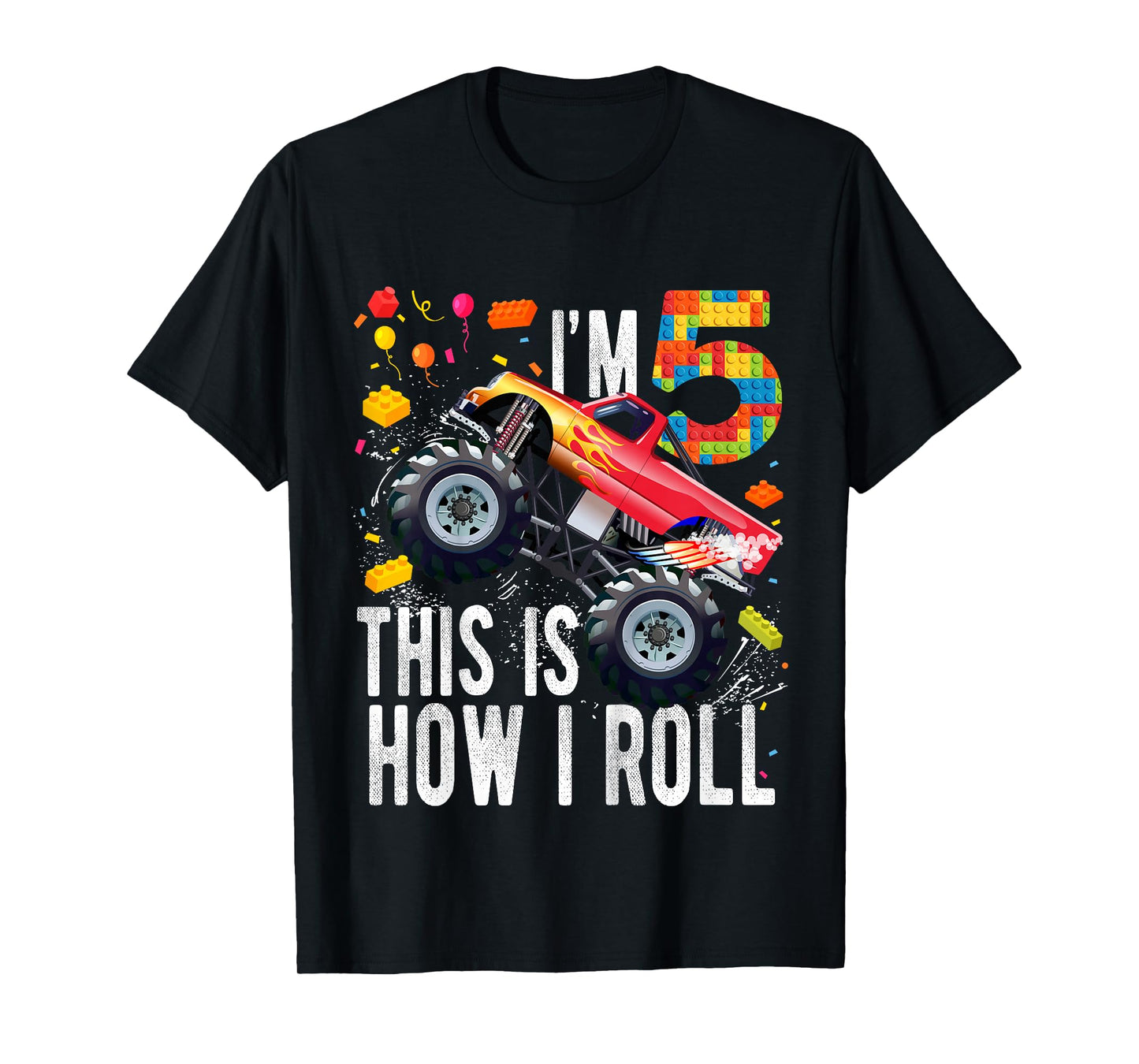 Kids 5 Year Old Building Blocks Monster Truck 5th Birthday Boy T-Shirt