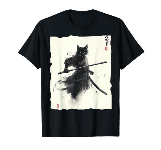 Samurai Cat Vintage Ukiyo-e Warrior Art Graphic Cat T-Shirt