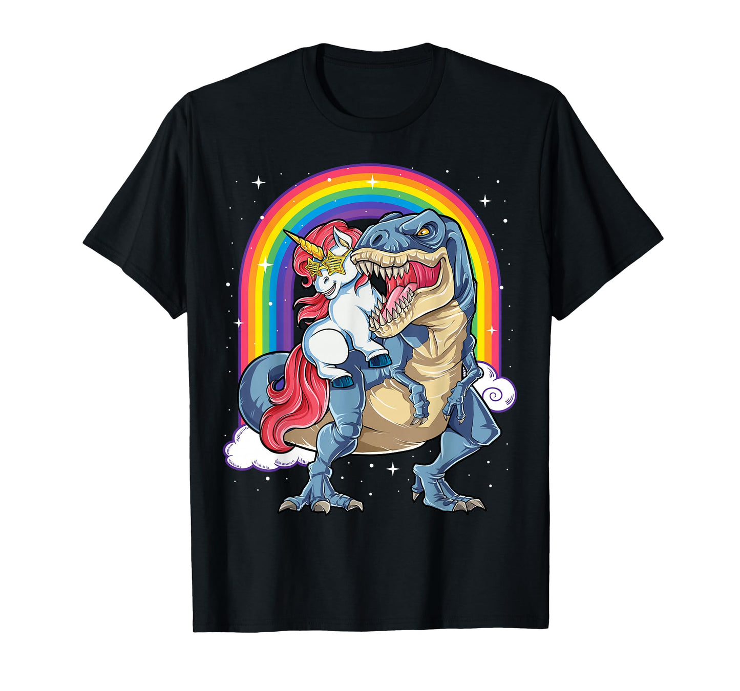 Unicorn Riding T rex Dinosaur Boys Girls Men Women Rainbow T-Shirt