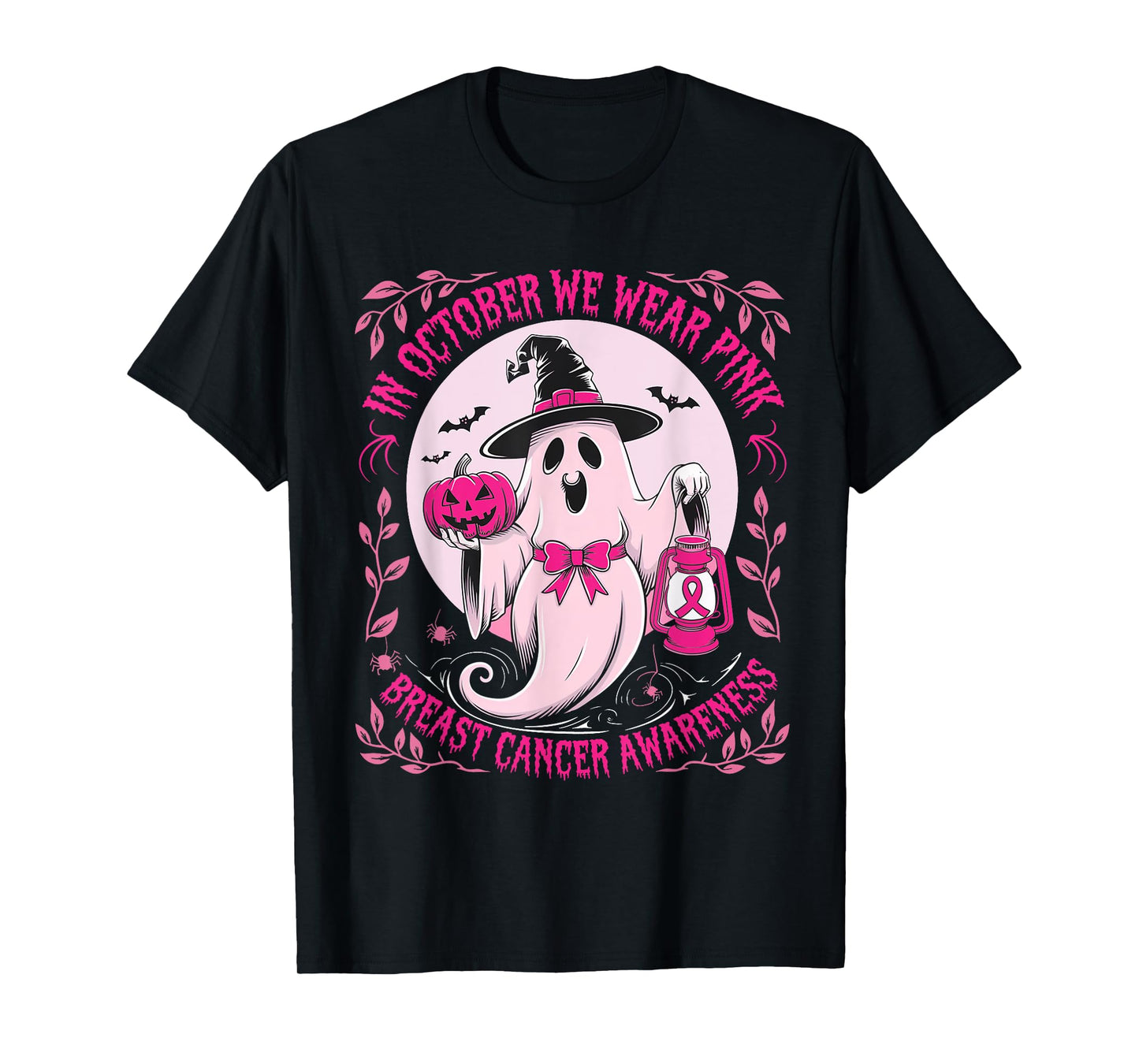 October We Wear Pink Ghost Halloween Pumpkins Breast Cancer T-Shirt