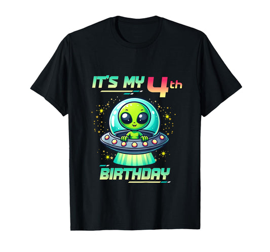 Kids It's My 4th Birthday Alien Theme UFO Space T-Shirt