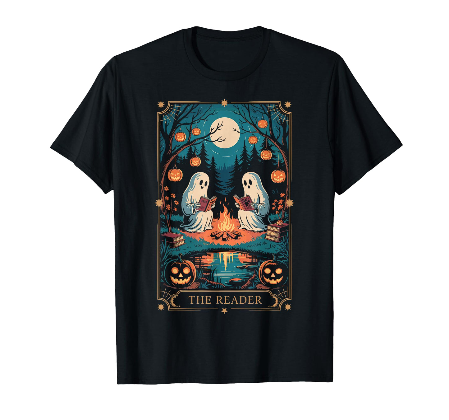 The Reader Bookish Cute Spooky Ghost Reading Book Tarot Card T-Shirt
