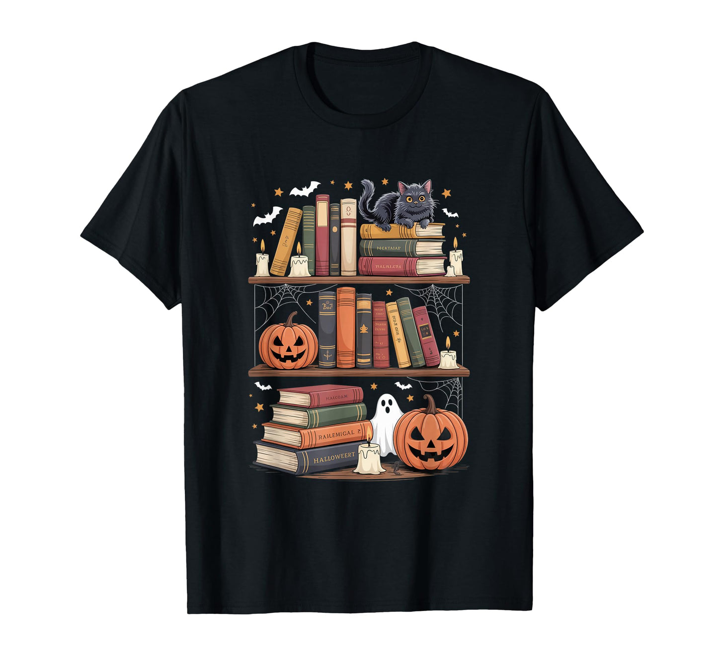 Haunted Bookshelf with Cat Pumpkins and Ghost T-Shirt