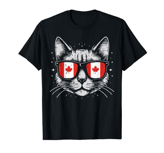 Cat Face Canada Flag Sunglasses Patriot Women Girls Kids Men T-Shirt