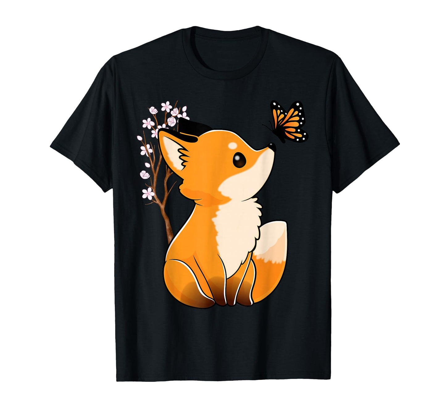 Fox and Butterfly Cute Fox Japanese Cherry Blossom Flower T-Shirt