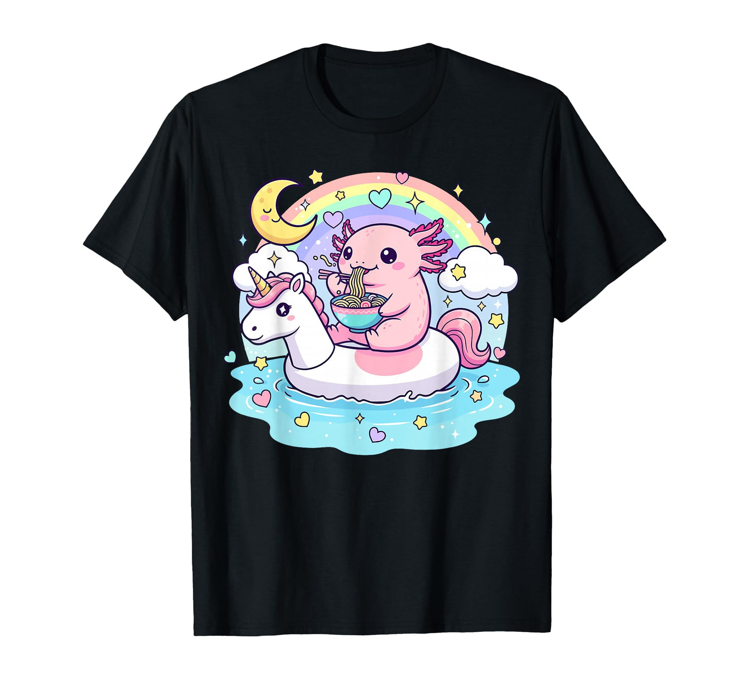 Axolotl Eating Ramen on Unicorn T-Shirt