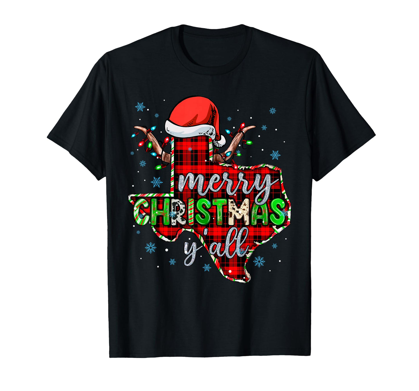 Funny Merry Christmas Y'all Texas State Red Plaid Santa Hat T-Shirt