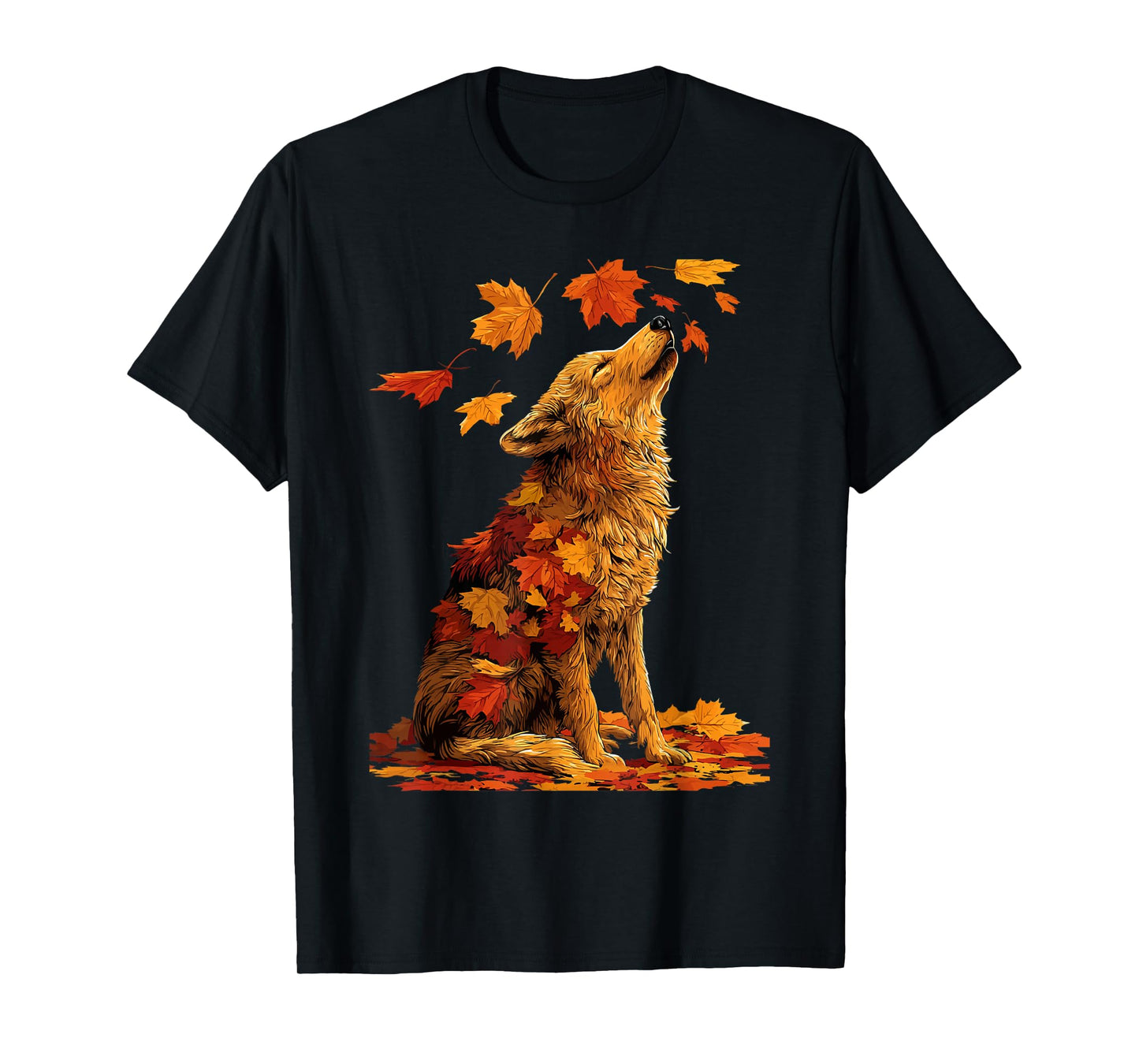 Cute Wolf with Fall Leaves Forest Animal Autumn Aesthetic T-Shirt