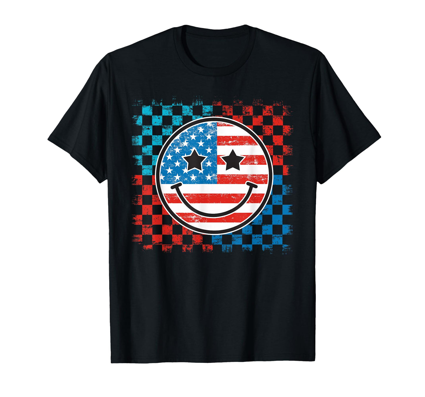 4th Of July Checkered Smile Face Red White Blue US Flag T-Shirt