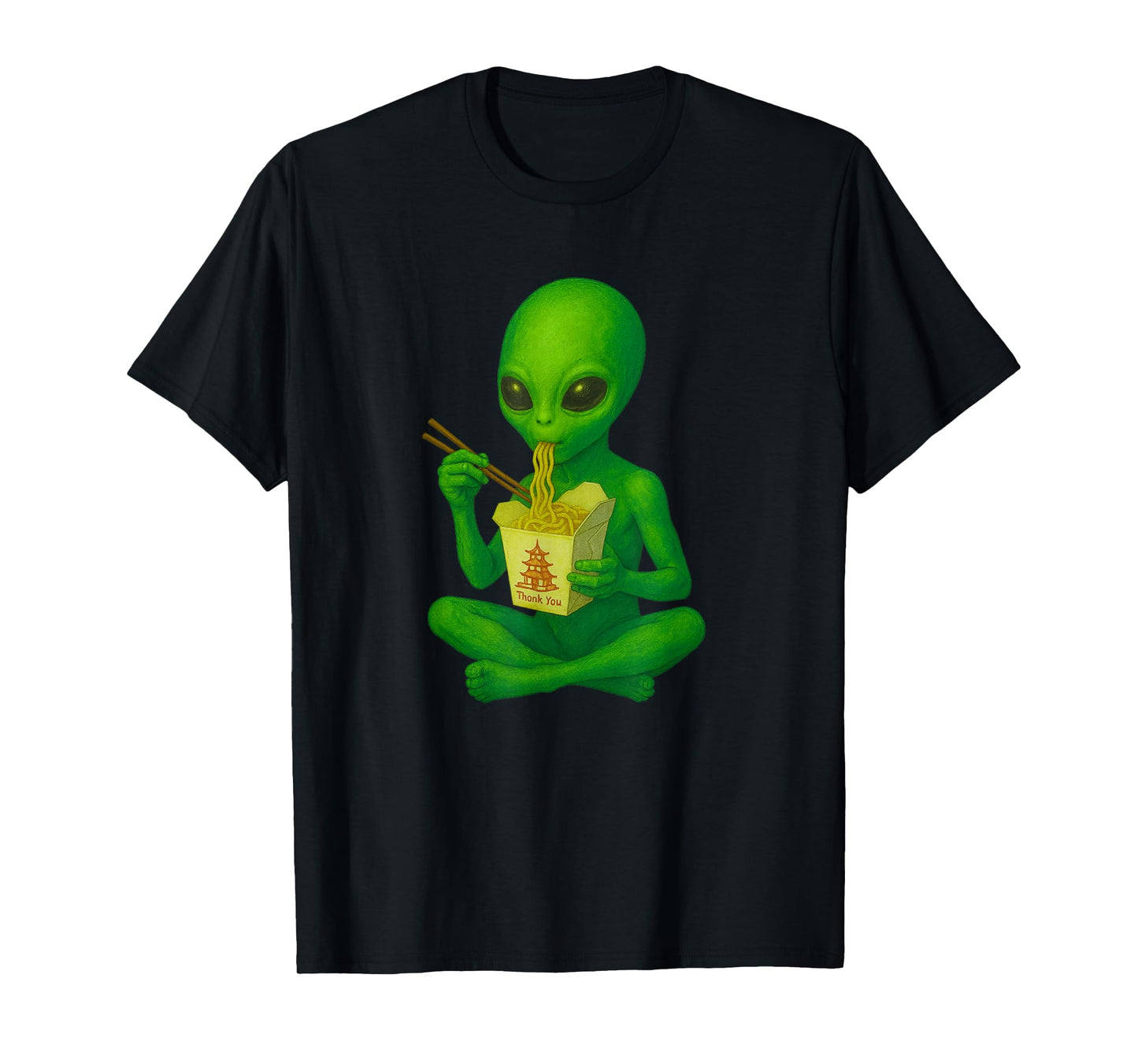 Alien Eats Chinese Takeout Extraterrestrial Funny Foodie T-Shirt