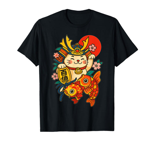 Japanese Samurai Cat Kawaii Warrior Kitten koi Fish Otaku T-Shirt