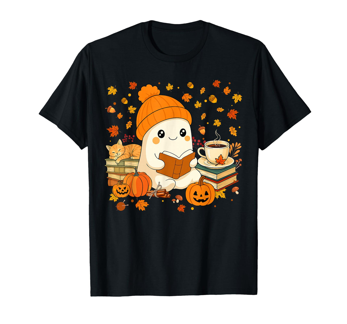 Ghost Reading Book Pumpkin Coffee Autumn Leaves Thanksgiving T-Shirt