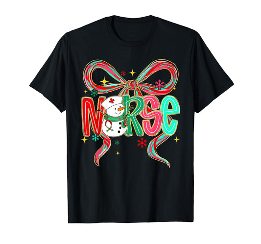 Christmas Nurse Snowman Xmas Pajamas RN ICU NICU ER Pacu Bow T-Shirt