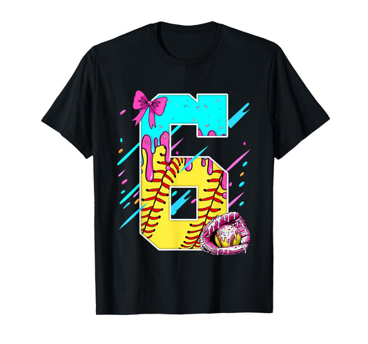 6th Birthday Softball Ice Cream Drip Bow 6 Years Kids Gift T-Shirt