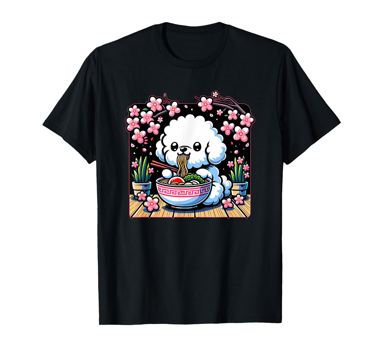 Kawaii Bichon Frise Dog Eating Ramen T-Shirt