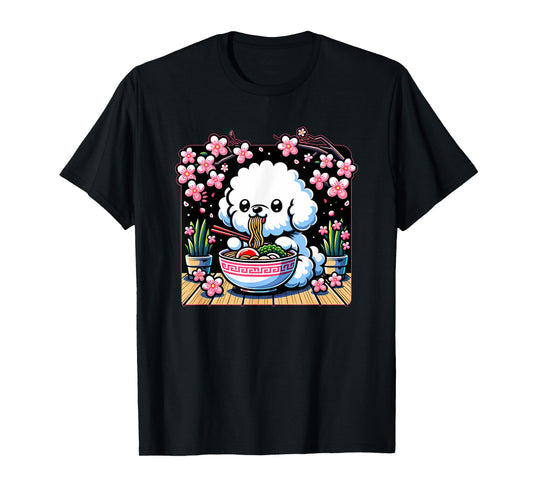 Kawaii Bichon Frise Dog Eating Ramen T-Shirt