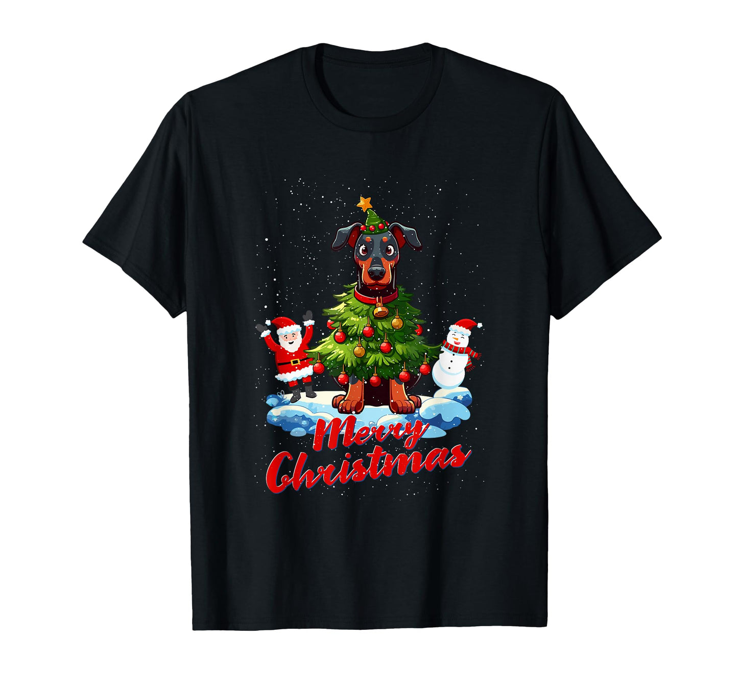Doberman Merry Christmas Tree Lights Dog X-Mas Dogs T-Shirt