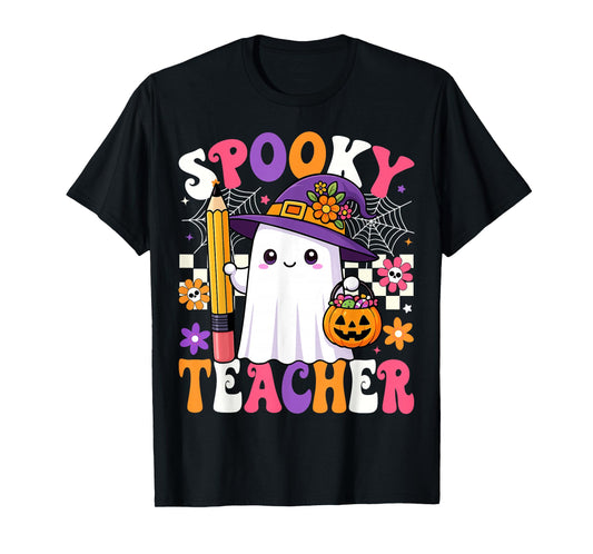 Spooky Teacher Ghost Pencil Teach Funny Halloween Teacher T-Shirt