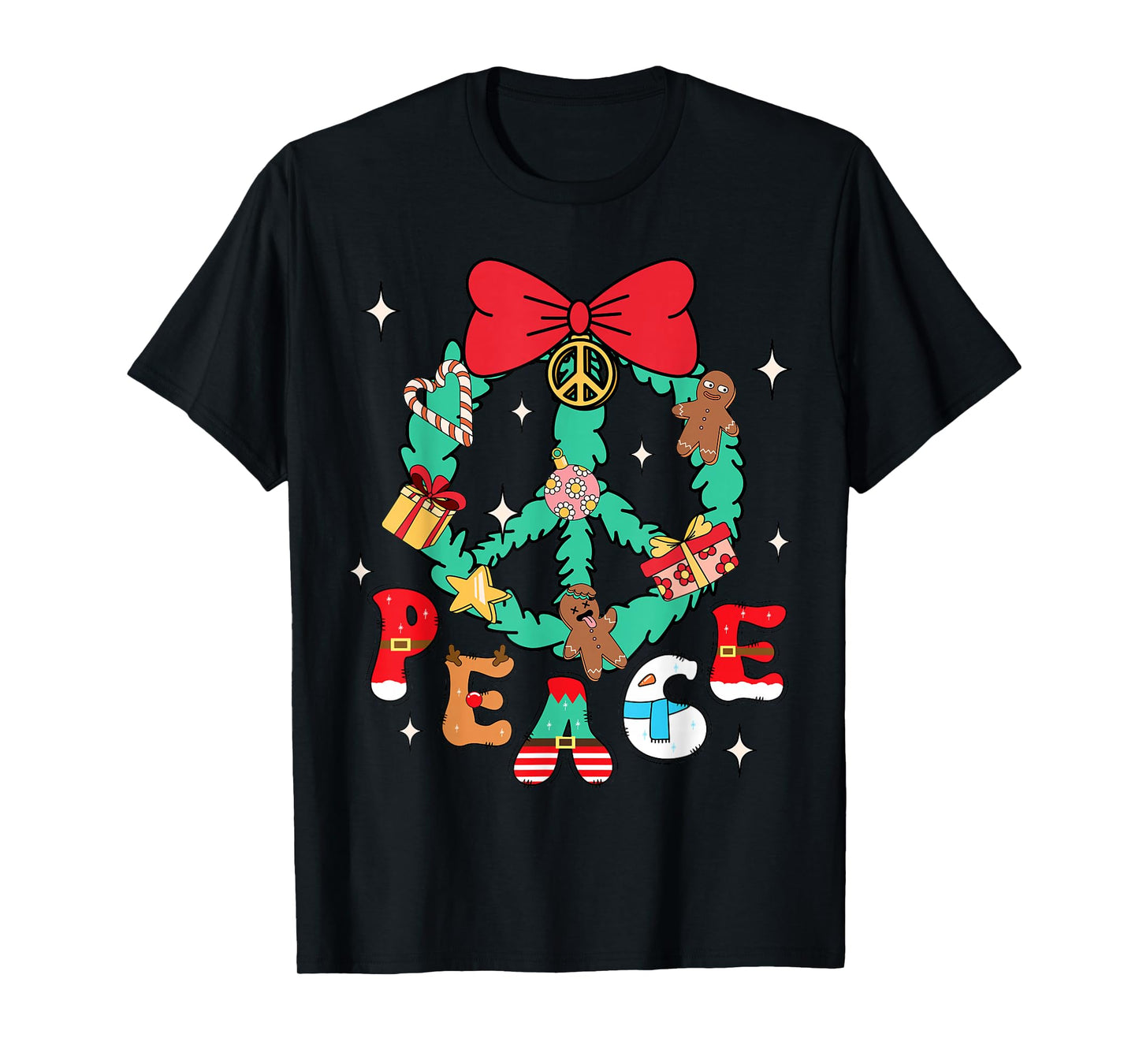 Christmas Peace Wreath Candy Canes Bows Gingerbread Reindeer T-Shirt